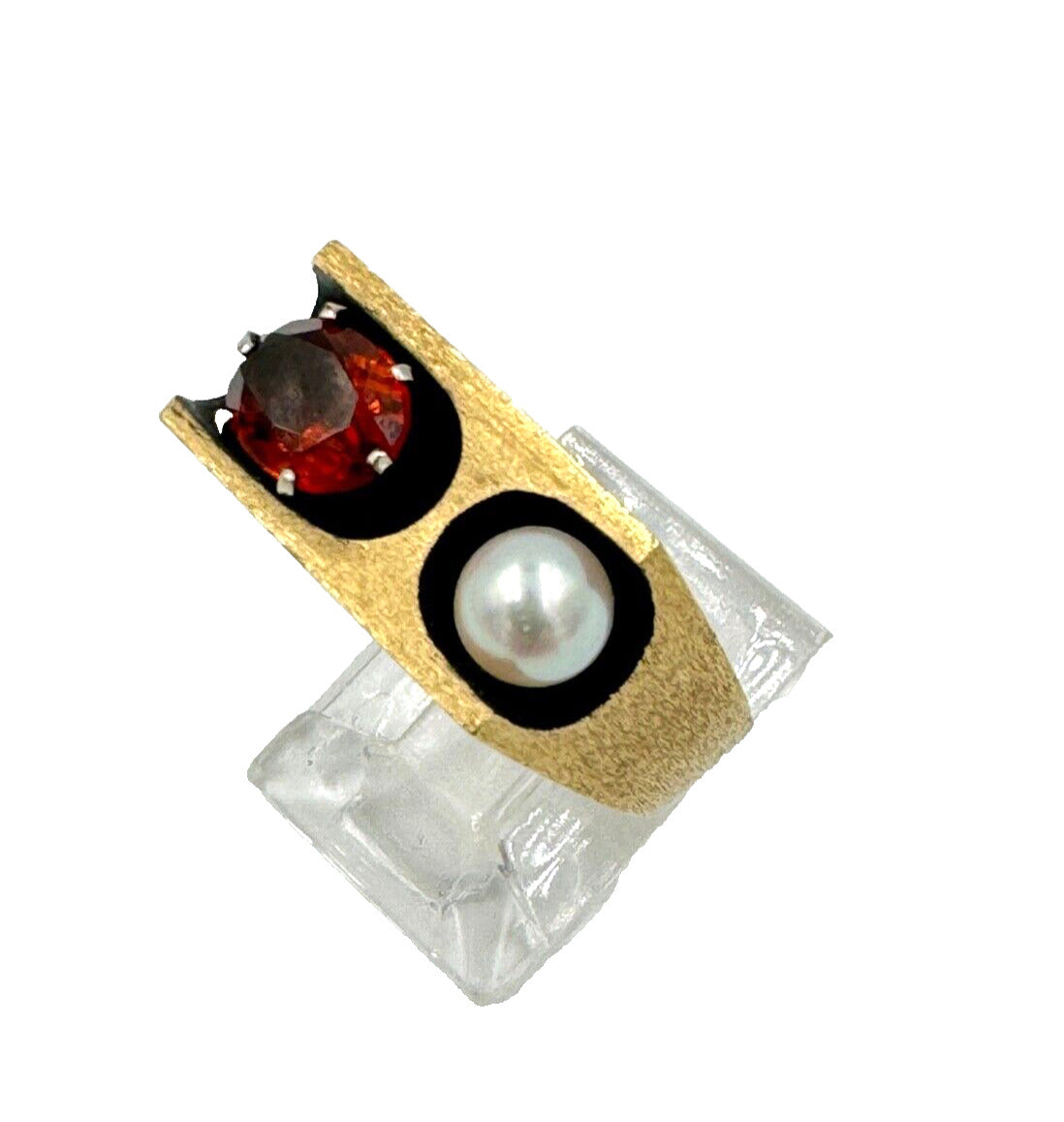 Mid Century 14k Yellow Gold Garnet Pearl Men's Ring Signed NW