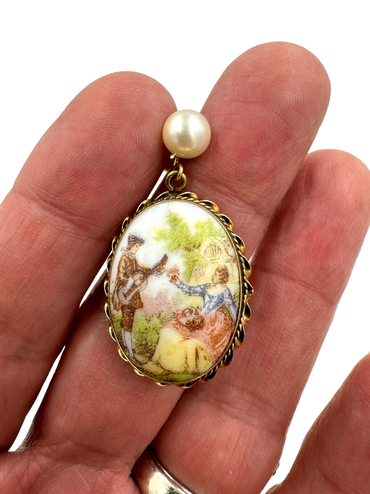 14K Limoges Fragonard large Porcelain Hand Painted Pearl Dangle Earrings