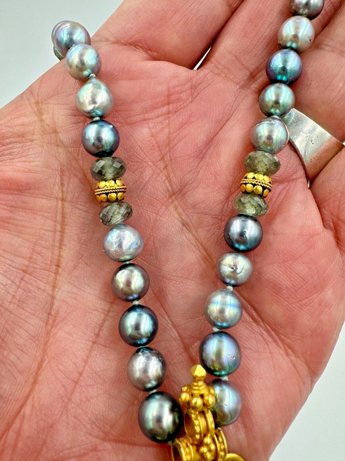 21k gold blue Pearl Strand Necklace with Gold Quartz Spacers