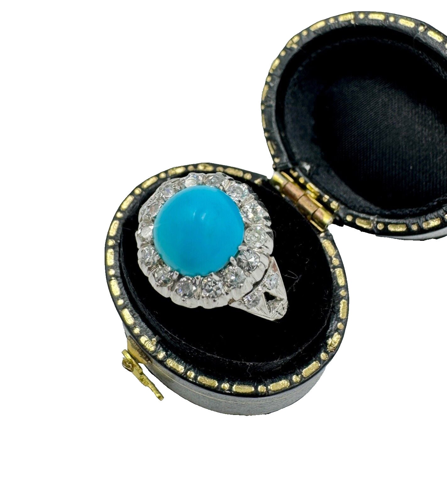 Mid Century Platinum Turquoise and Rose Cut Diamond Halo Ring
