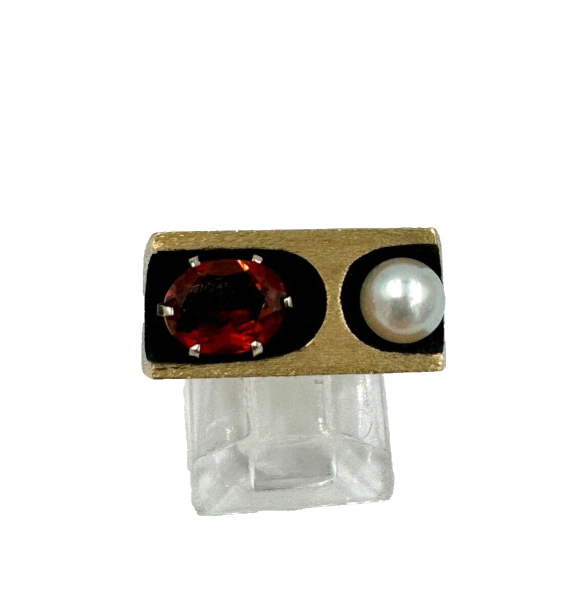 Mid Century 14k Yellow Gold Garnet Pearl Men's Ring Signed NW