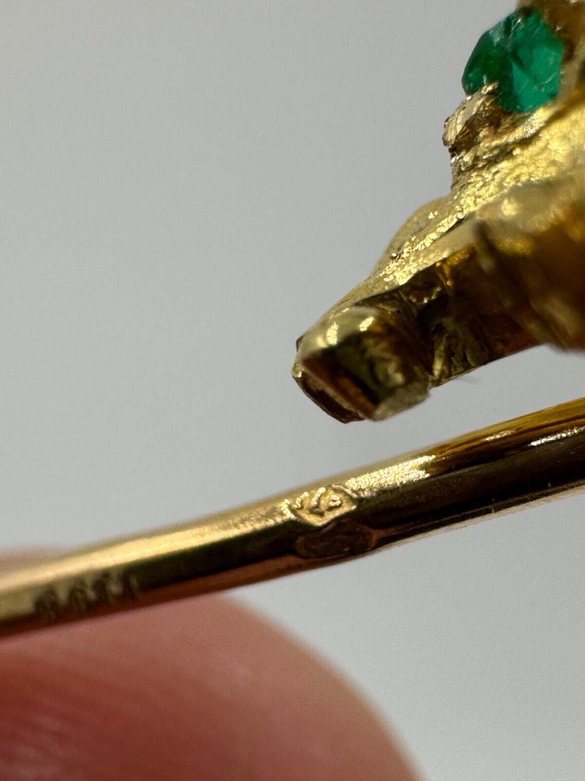 Antique French 18k gold Mythical figure stick pin Hat pin Emerald