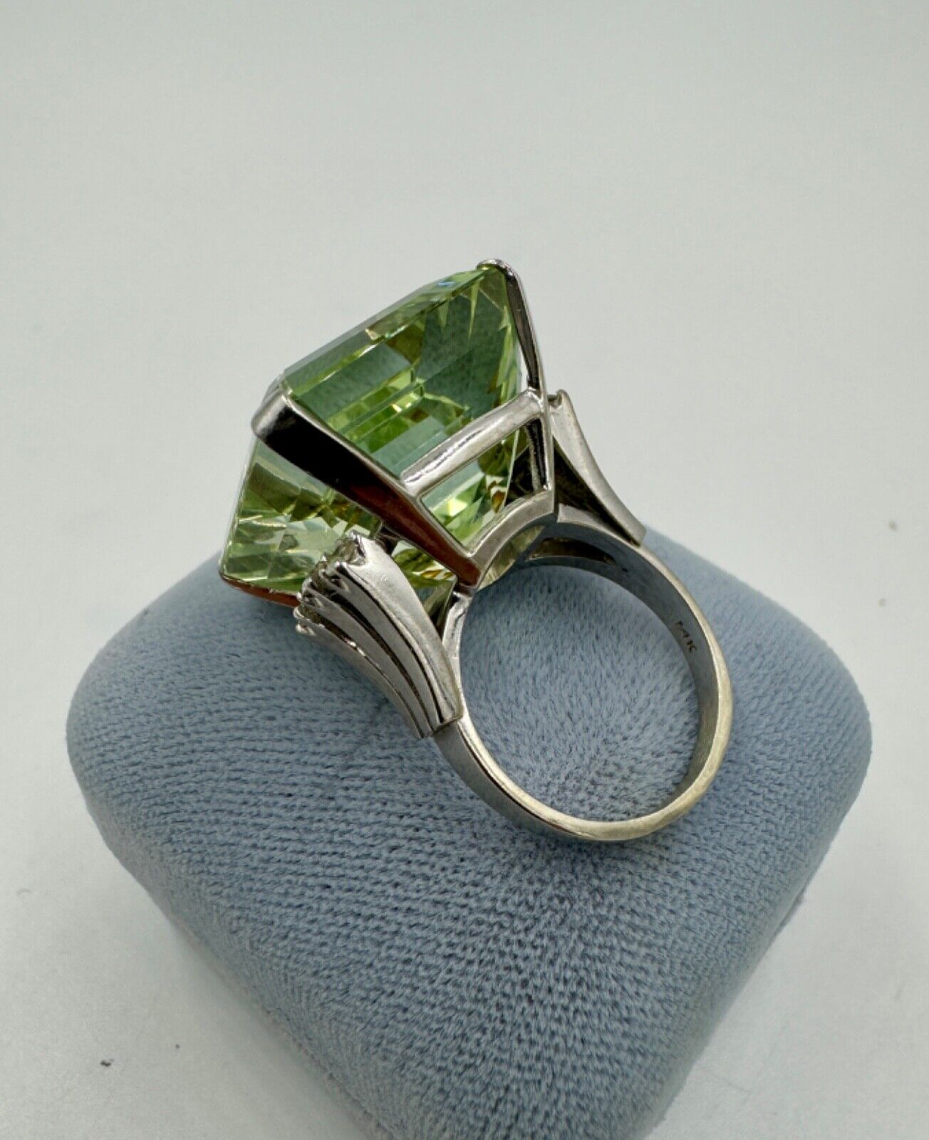 Huge Emerald Cut Green Beryl 14K White Gold Cocktail Ring