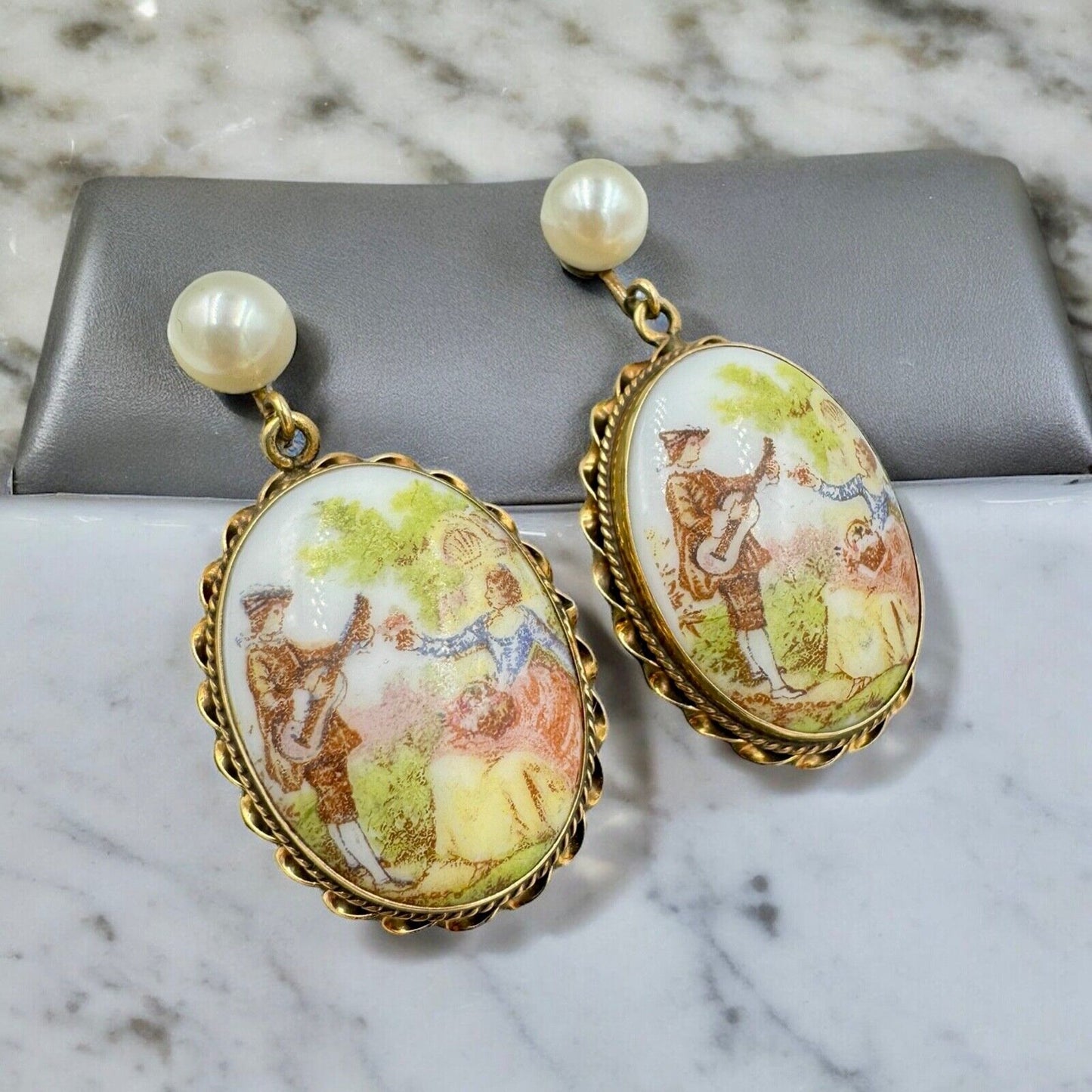 14K Limoges Fragonard large Porcelain Hand Painted Pearl Dangle Earrings