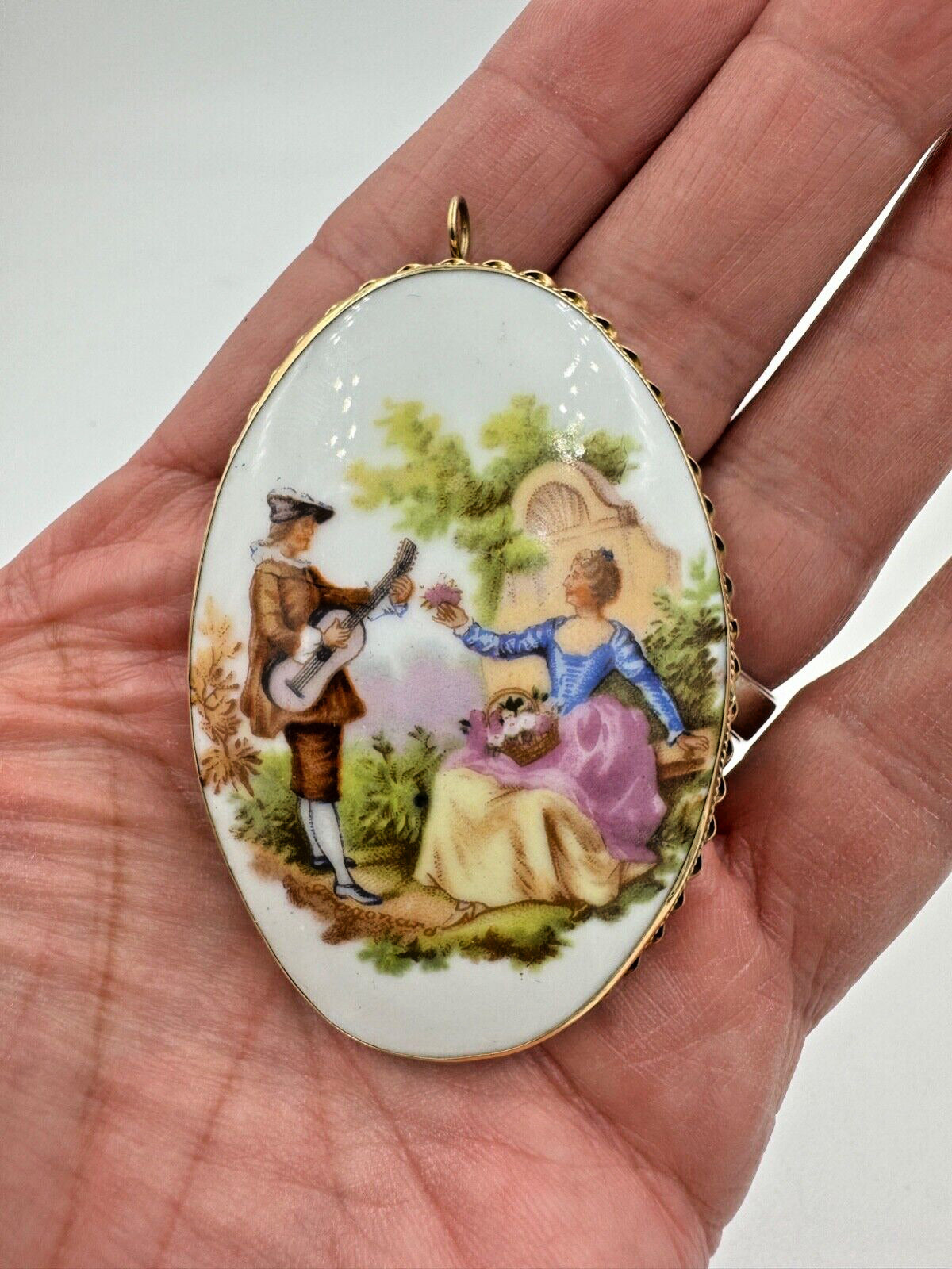 14K Limoges Fragonard large Porcelain Hand Painted Pendant