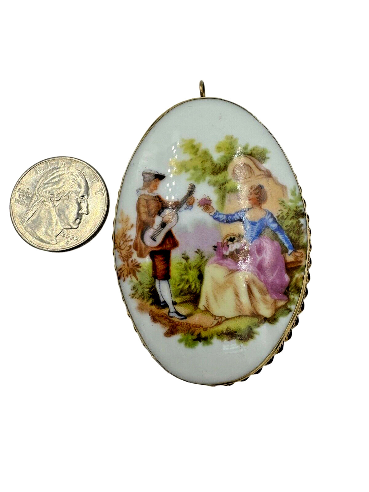 14K Limoges Fragonard large Porcelain Hand Painted Pendant