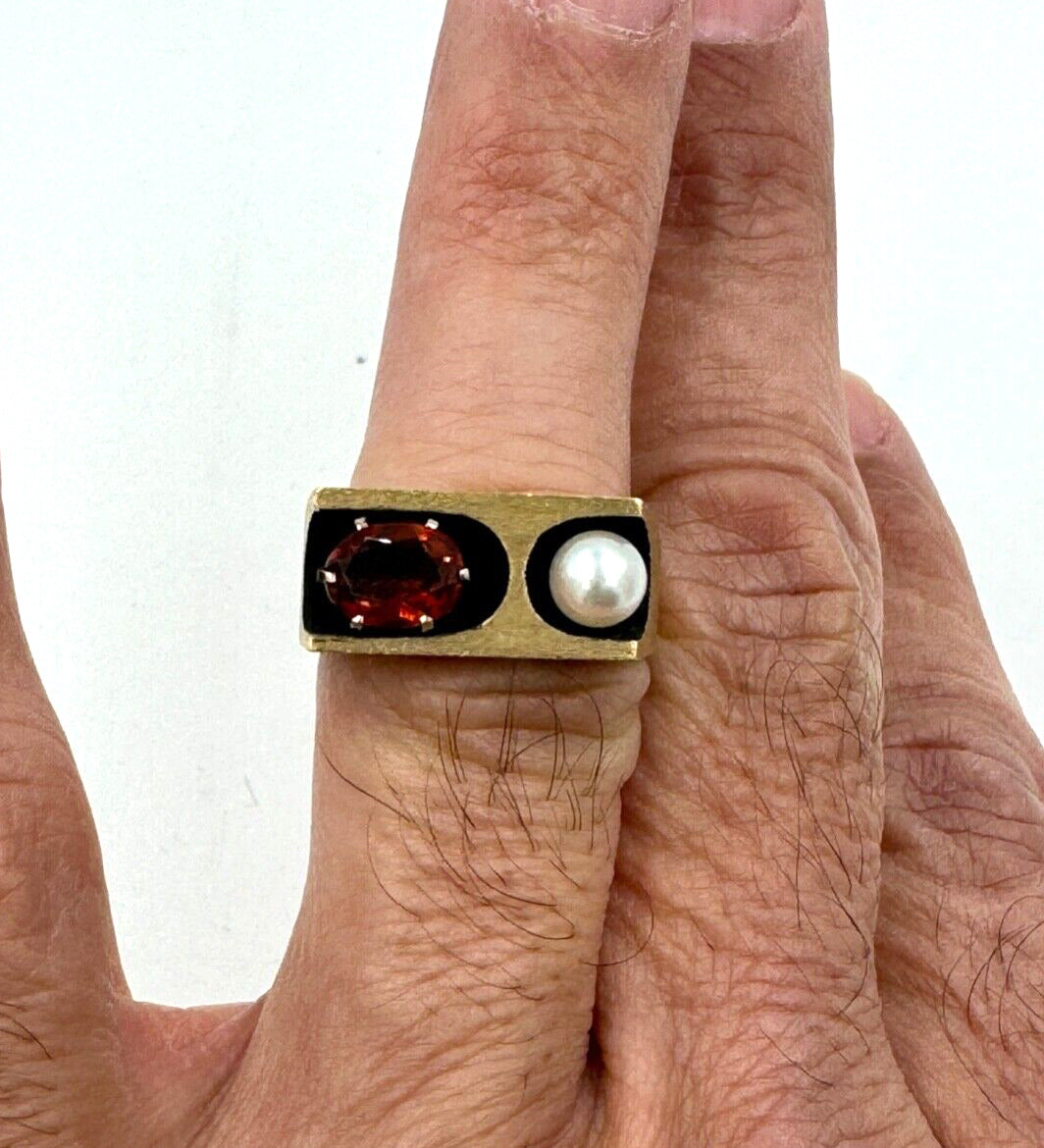 Mid Century 14k Yellow Gold Garnet Pearl Men's Ring Signed NW