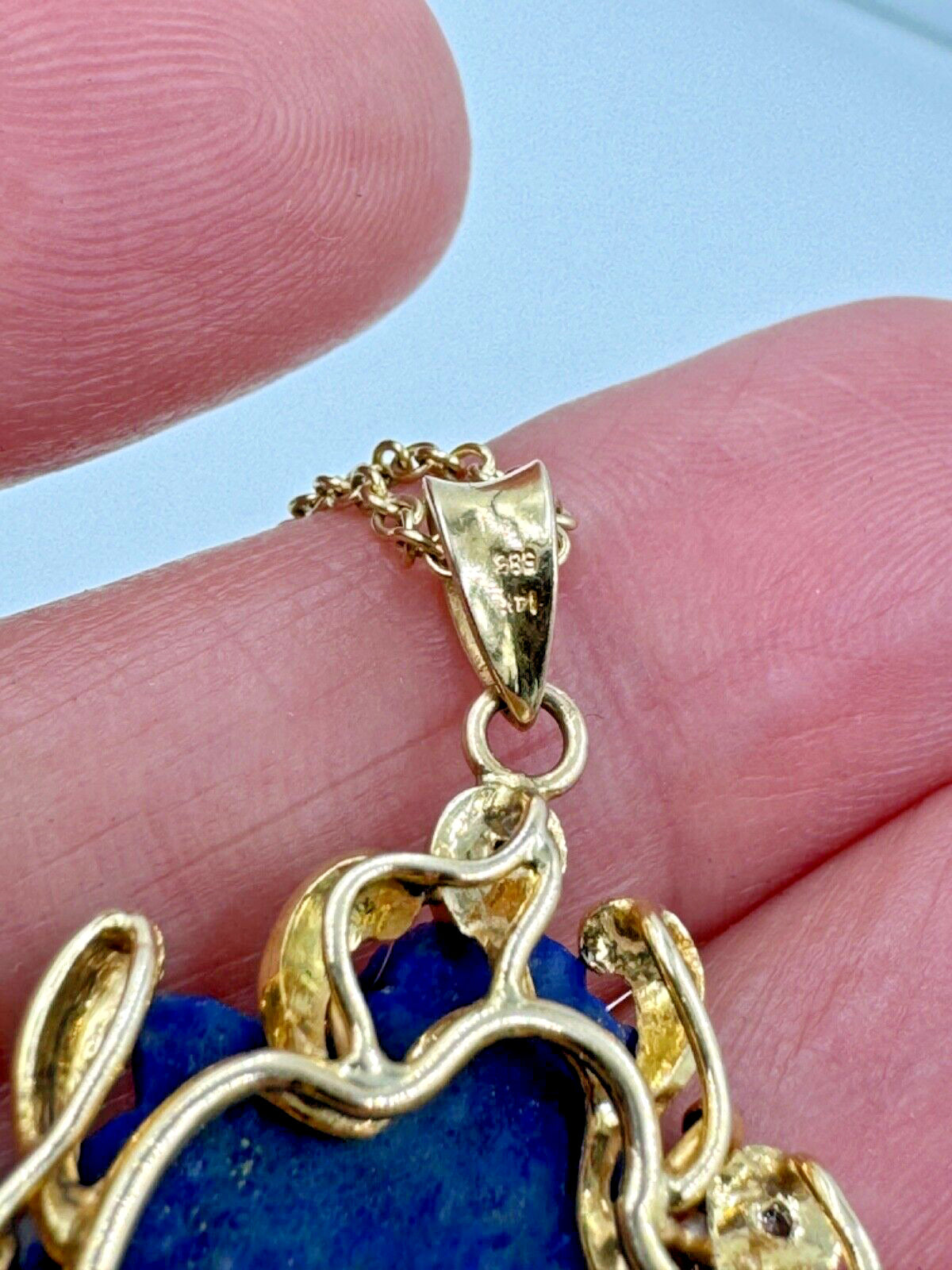 Carved Lapis Lazuli Quad Yin Pendant Diamond accents pendant Necklace