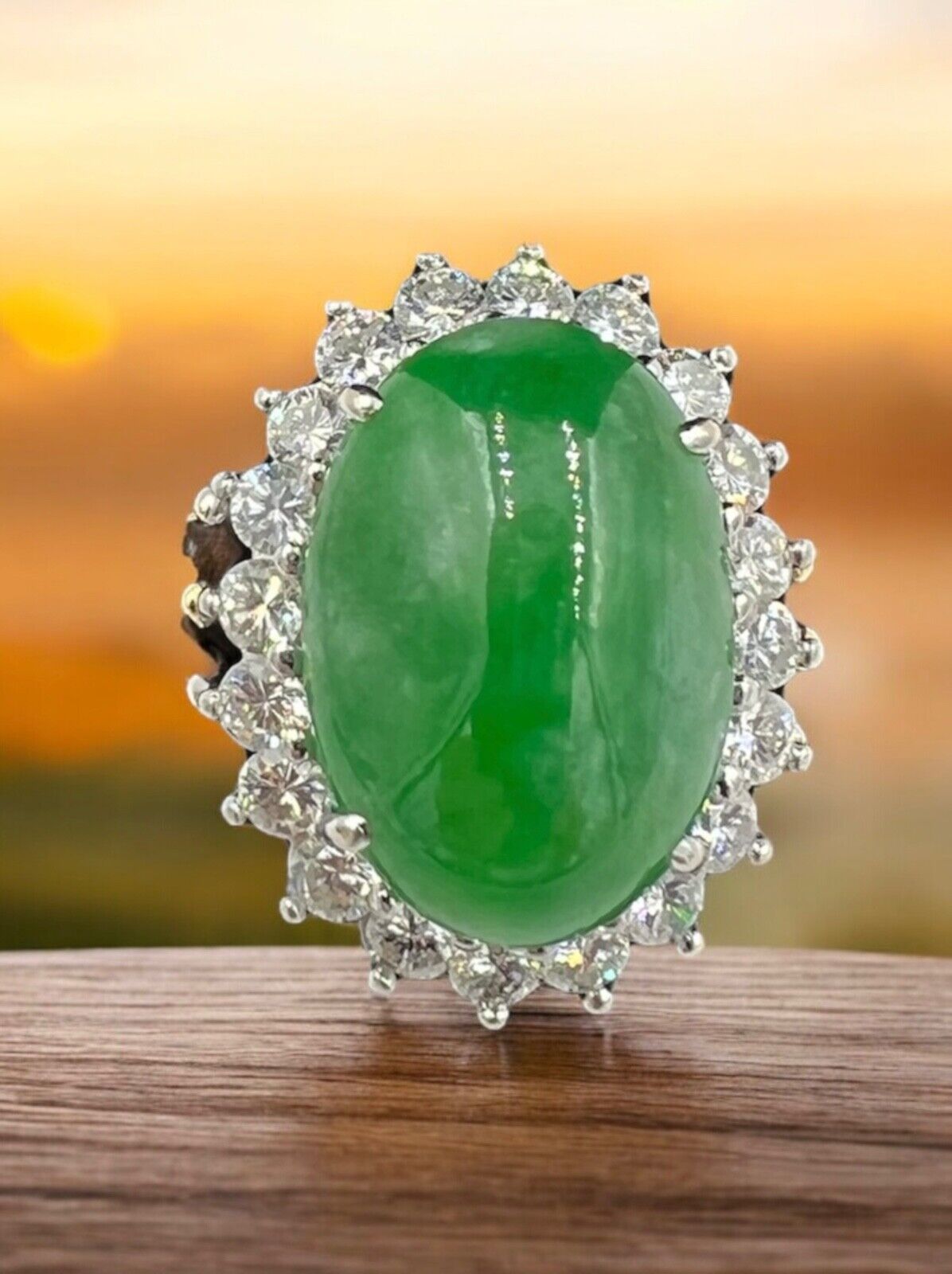 GIA Jade Diamonds Halo 18k Yellow Gold and Platinum Cocktail Ring