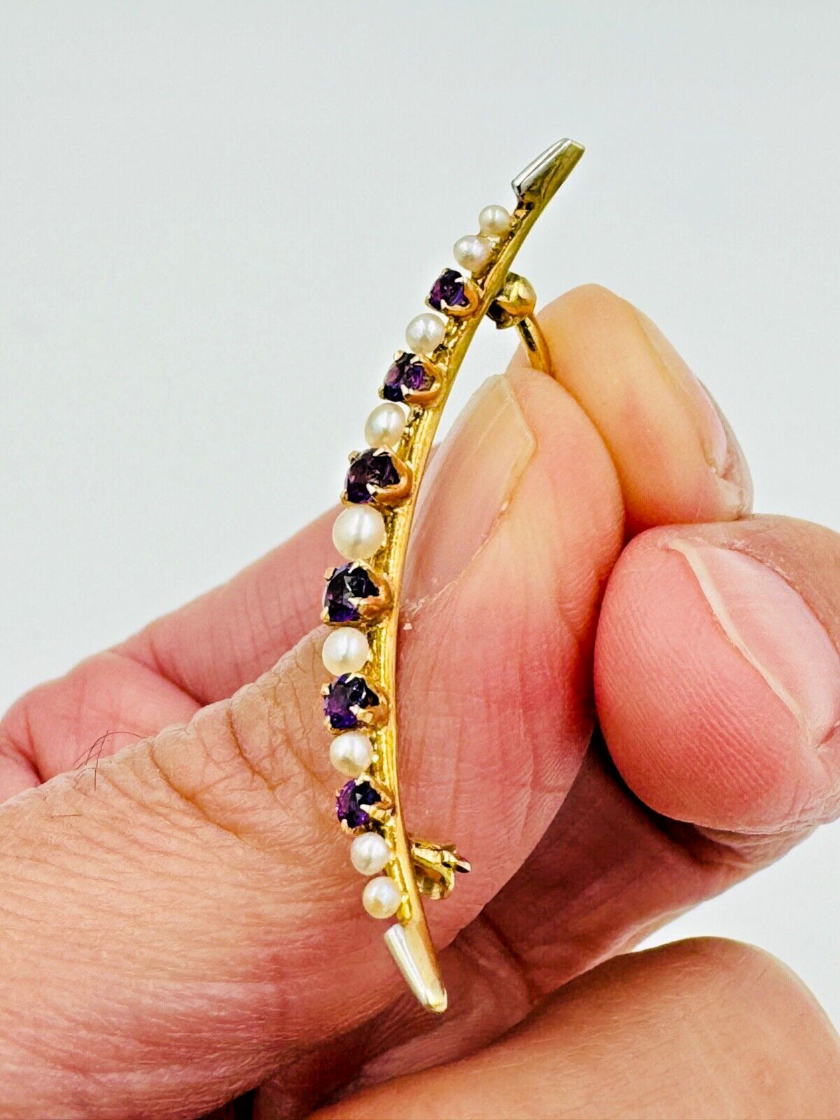 Antique 14K Yellow Gold Amethyst Pearl Pin Brooch by Bippart