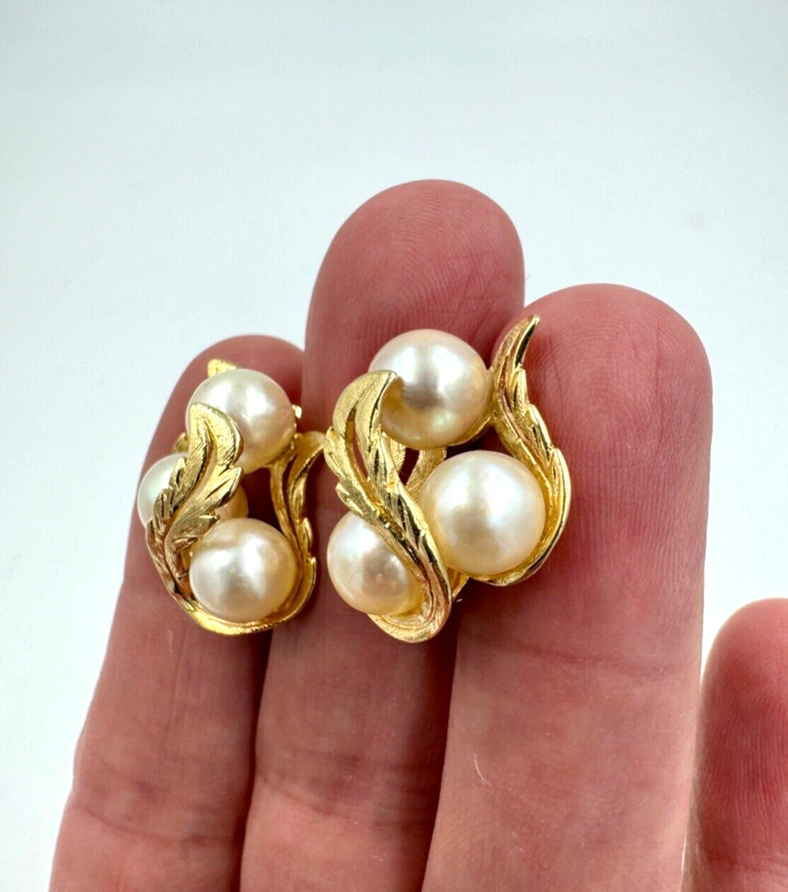 Mid Century 14k yellow gold pearl Leaf Earrings Screw Backs