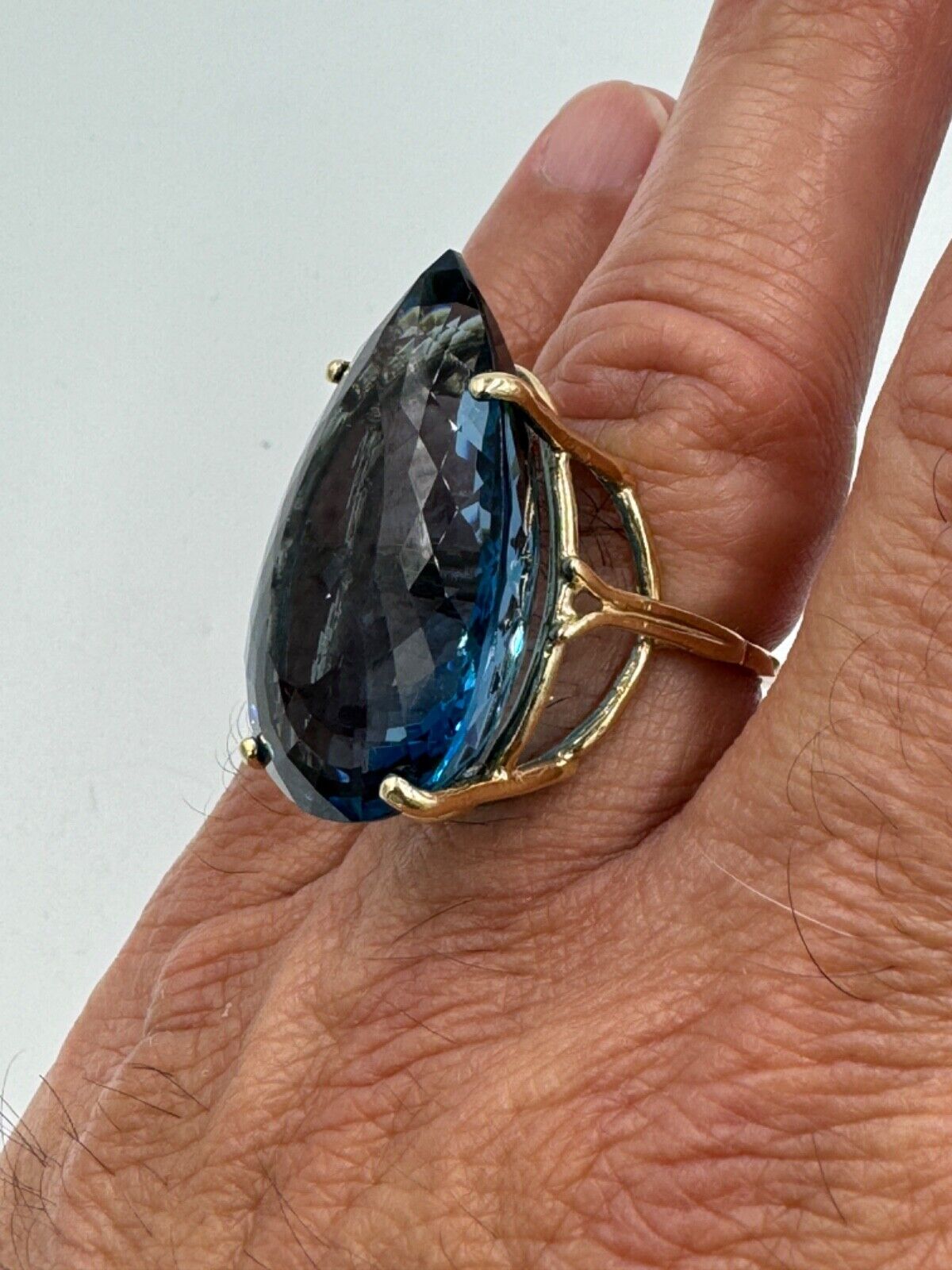 Huge London Blue Topaz 14K Yellow Gold Cocktail Ring 57.00cts Pear Shape