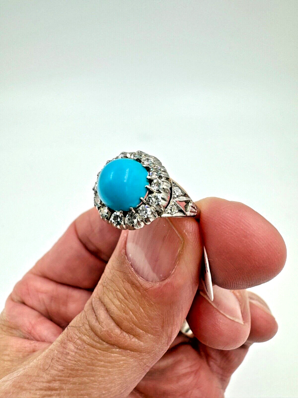 Mid Century Platinum Turquoise and Rose Cut Diamond Halo Ring