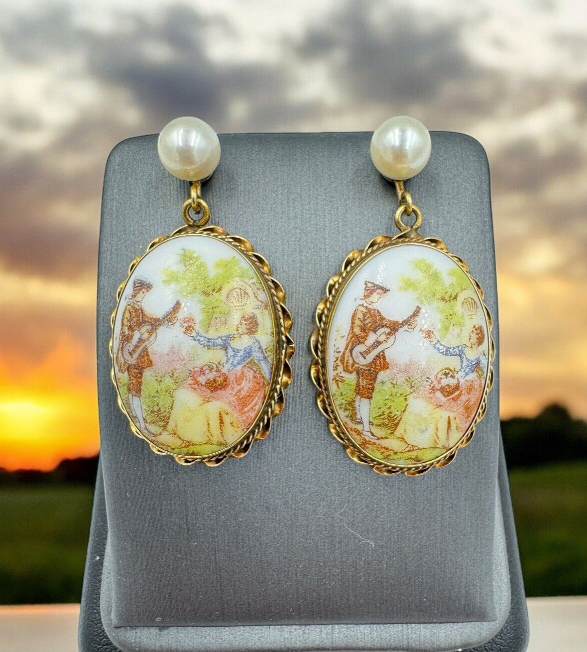 14K Limoges Fragonard large Porcelain Hand Painted Pearl Dangle Earrings