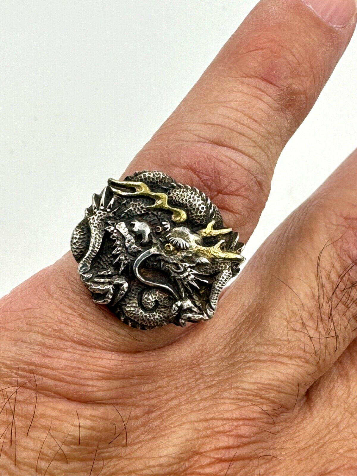 Antique Chinese Dragon Silver Mixed metals Ring