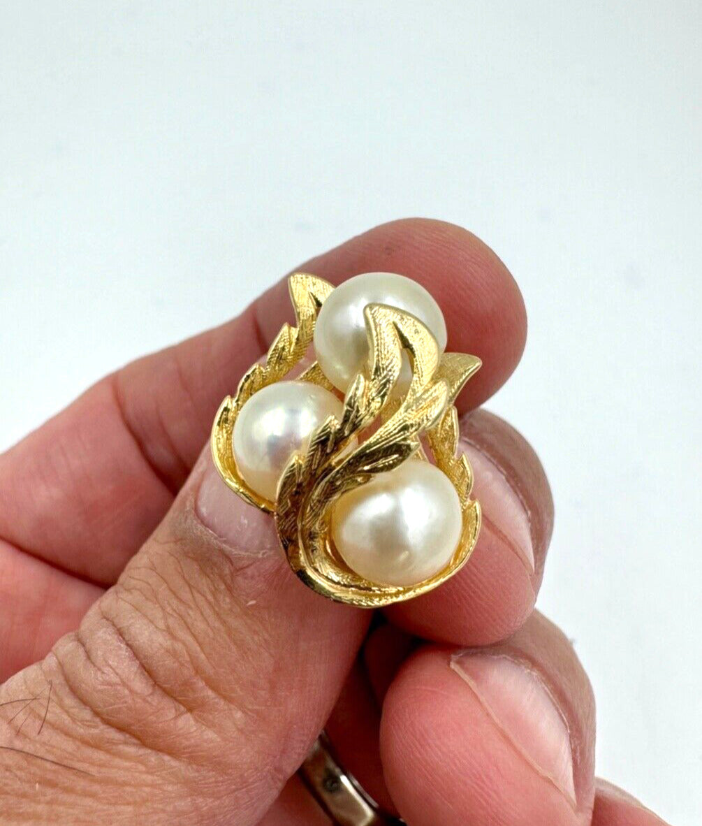 Mid Century 14k yellow gold pearl Leaf Earrings Screw Backs