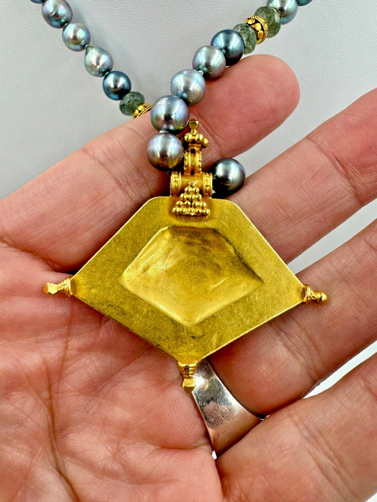 21k gold blue Pearl Strand Necklace with Gold Quartz Spacers