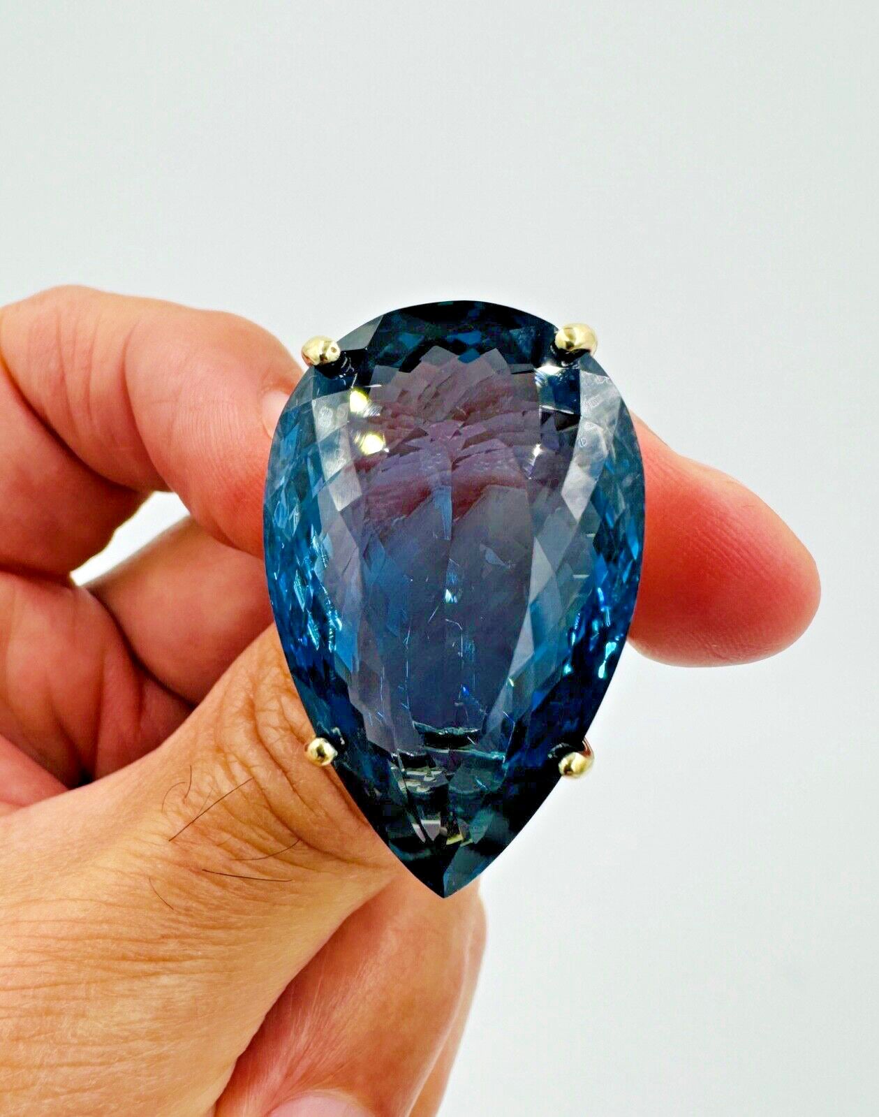Huge London Blue Topaz 14K Yellow Gold Cocktail Ring 57.00cts Pear Shape