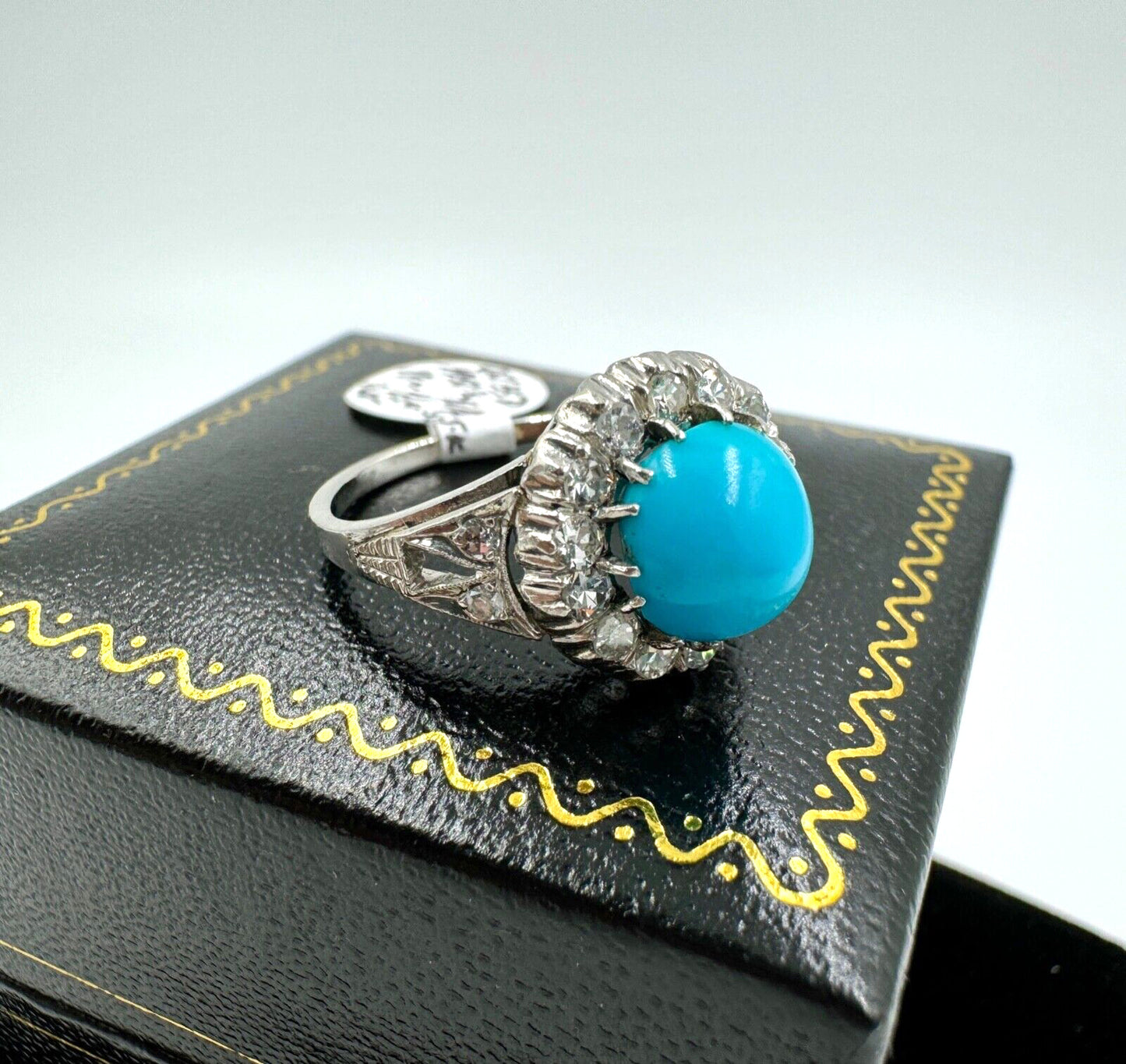 Mid Century Platinum Turquoise and Rose Cut Diamond Halo Ring