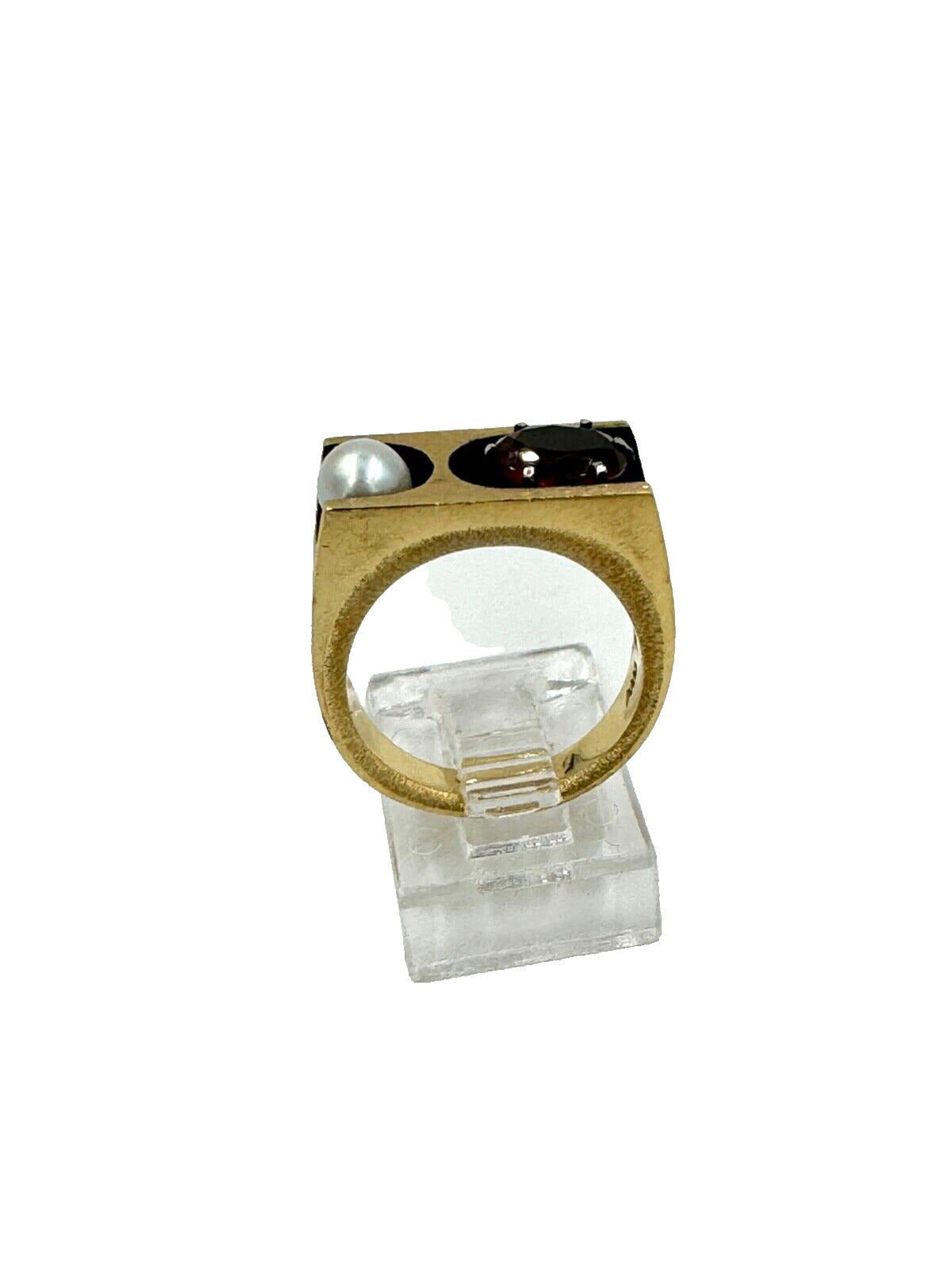 Mid Century 14k Yellow Gold Garnet Pearl Men's Ring Signed NW