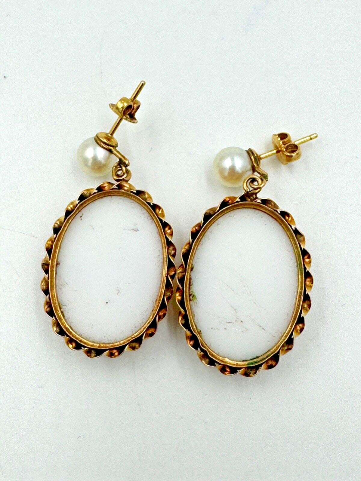 14K Limoges Fragonard large Porcelain Hand Painted Pearl Dangle Earrings