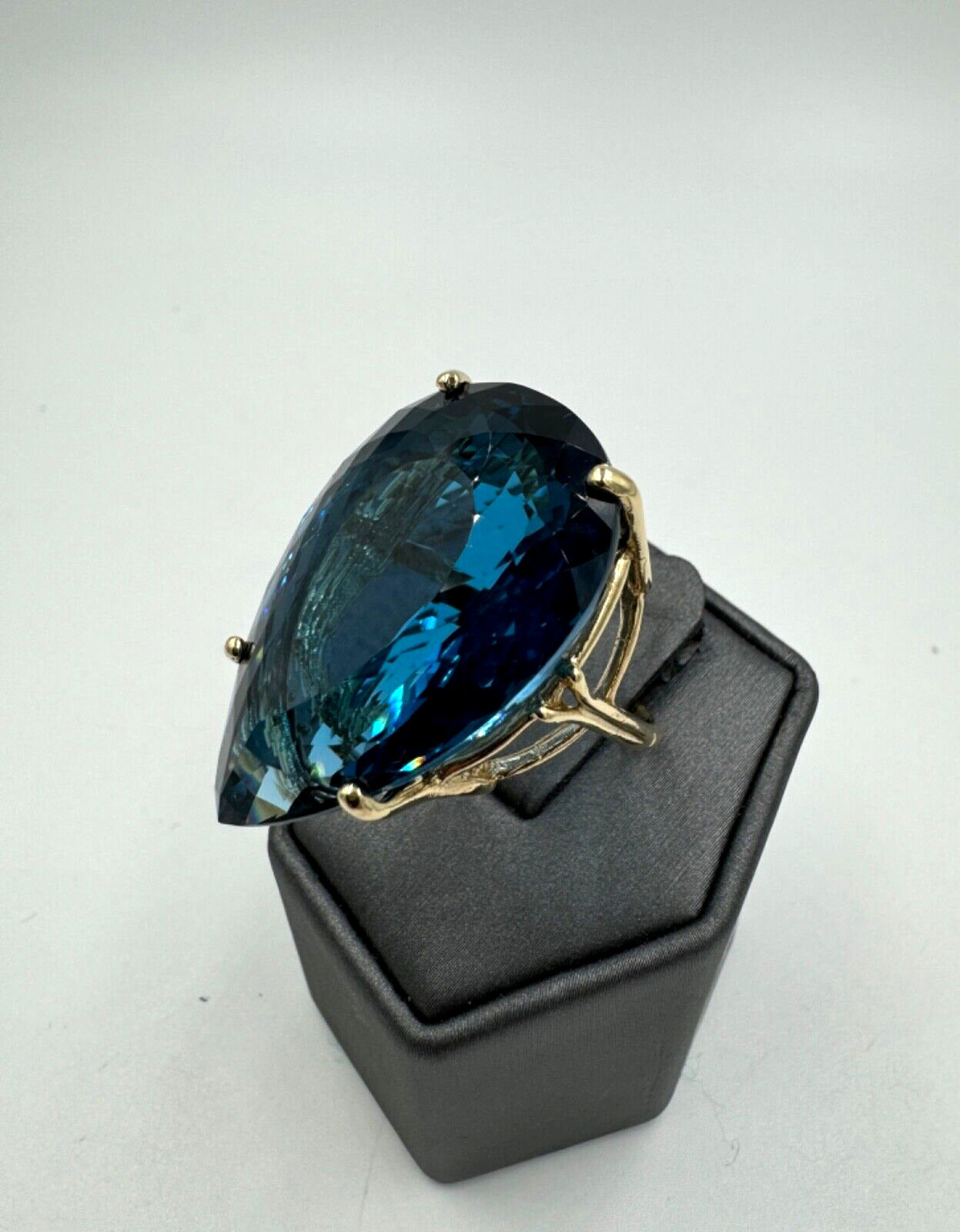 Huge London Blue Topaz 14K Yellow Gold Cocktail Ring 57.00cts Pear Shape