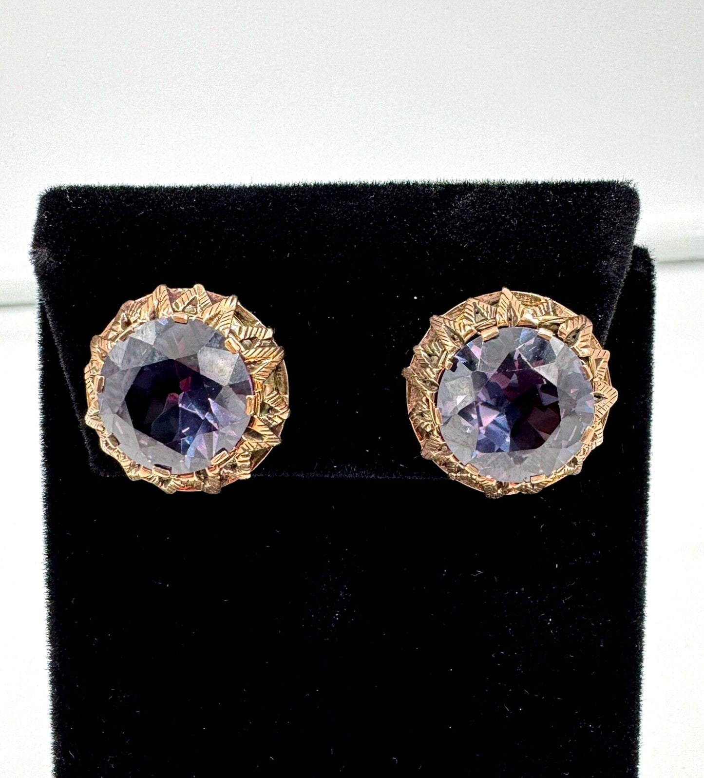 Vintage 9k ct Gold Synthetic Change Sapphire Clip on Earrings Rose Gold