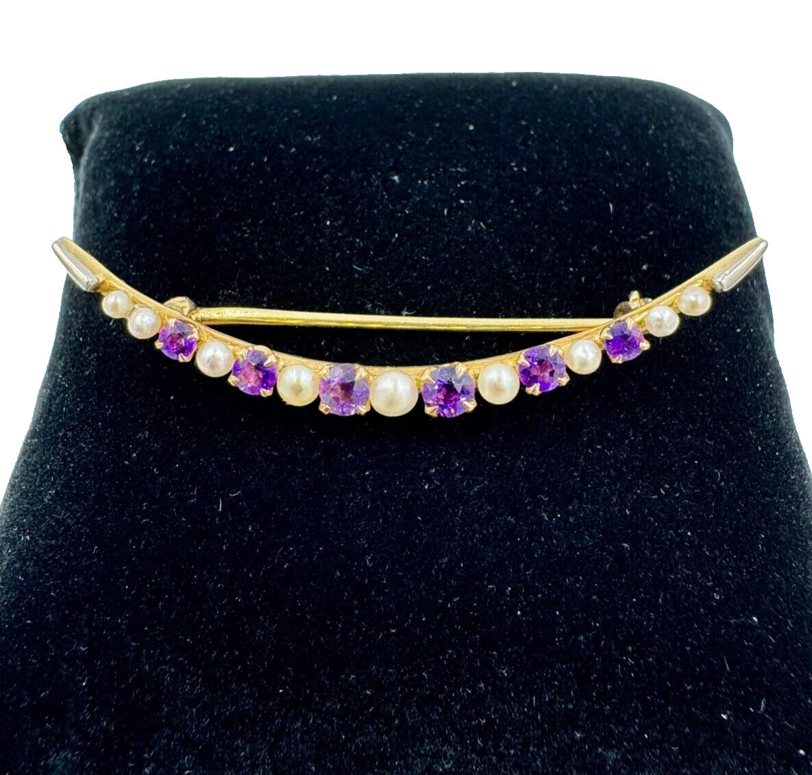 Antique 14K Yellow Gold Amethyst Pearl Pin Brooch by Bippart
