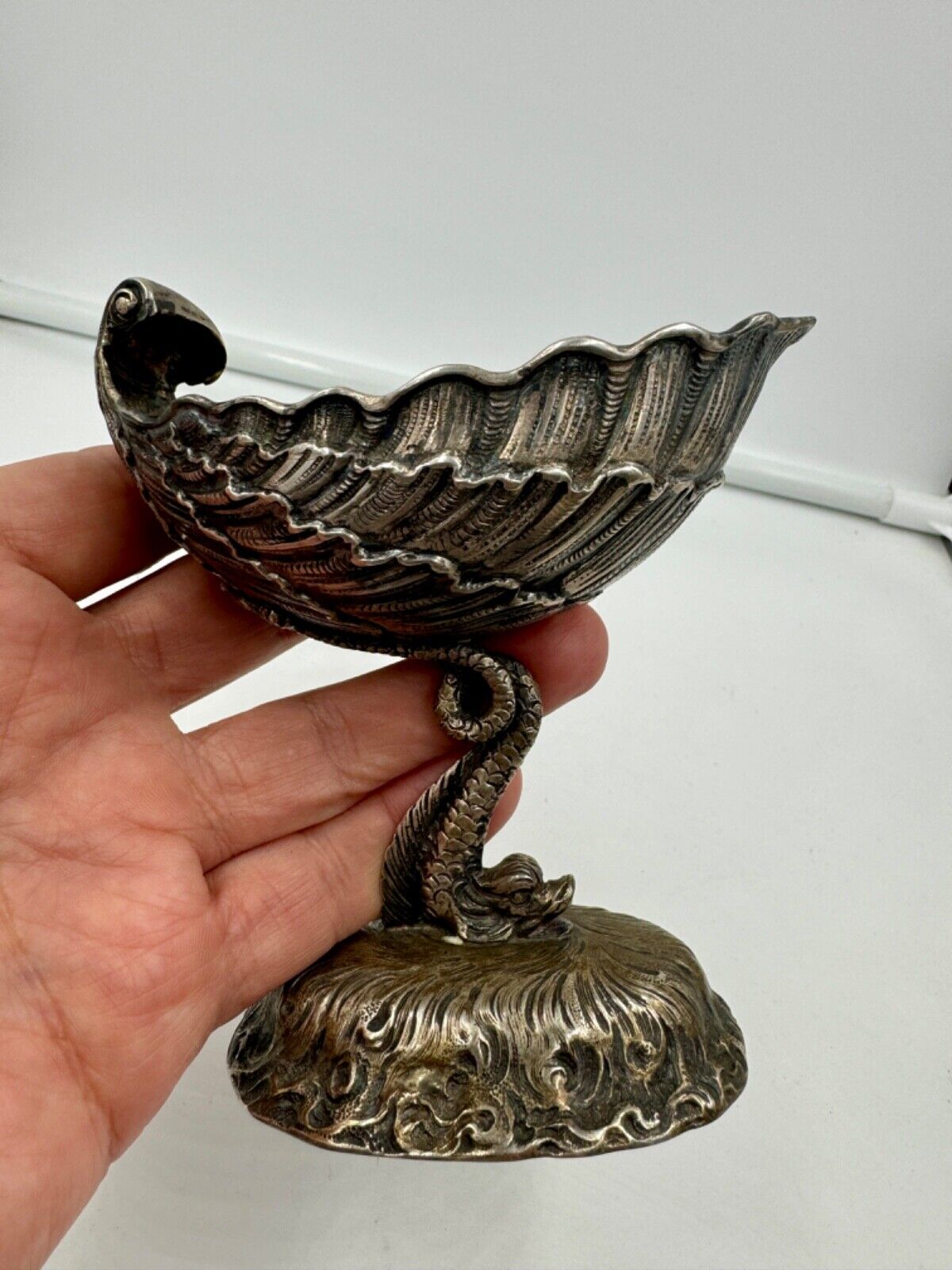 800 German Sterling Silver Master Salt Cellar Dolphin Hanau