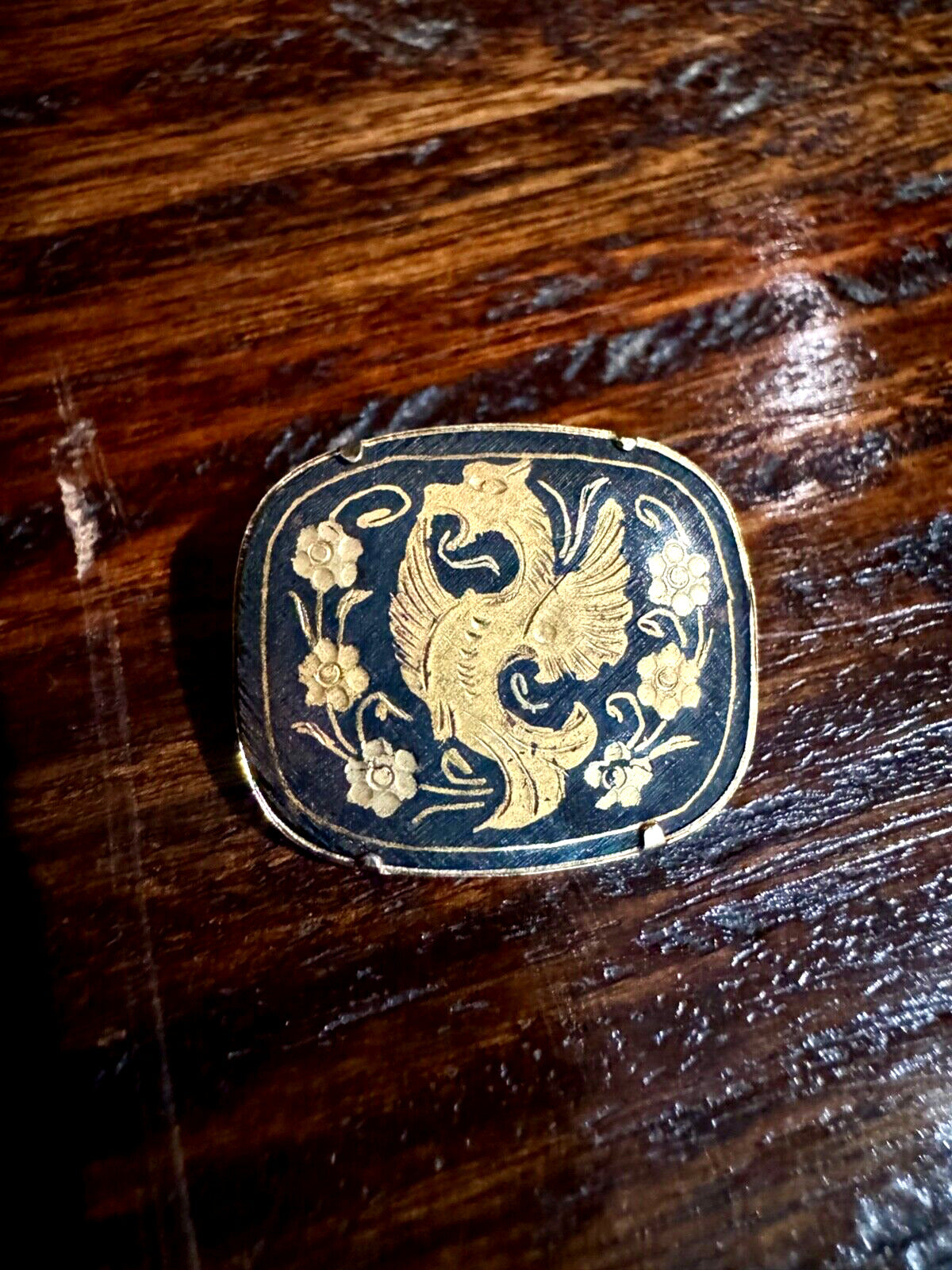 Spanish Toledo Ware Damascene Brooch Pin 24K Carat Gold Embedded Dragon Griffin