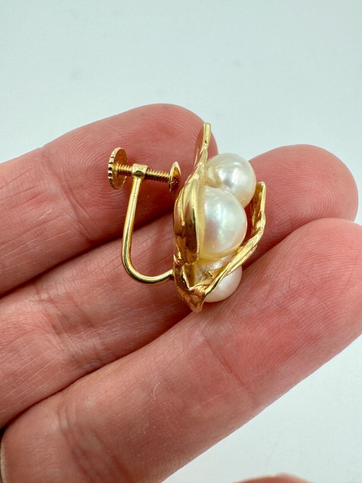 Mid Century 14k yellow gold pearl Leaf Earrings Screw Backs