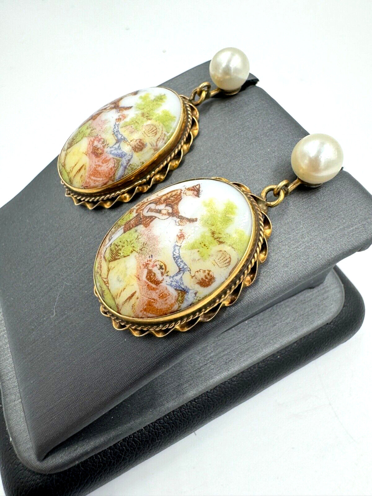 14K Limoges Fragonard large Porcelain Hand Painted Pearl Dangle Earrings