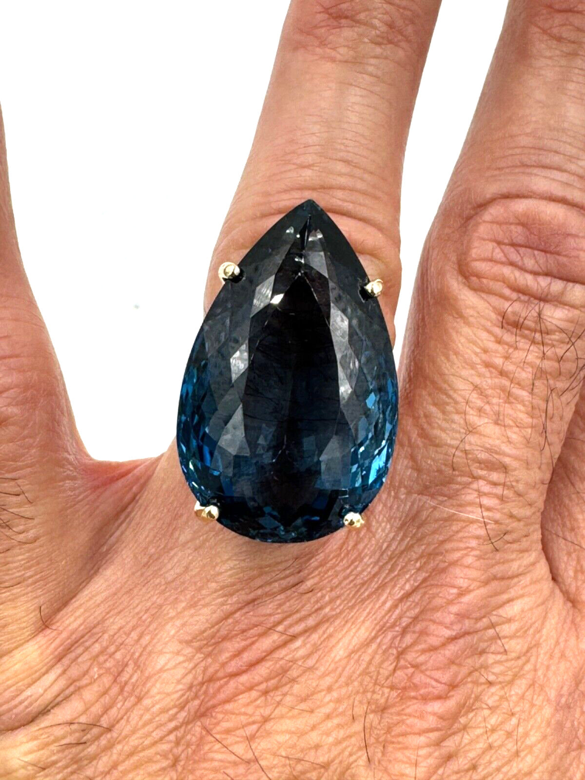 Huge London Blue Topaz 14K Yellow Gold Cocktail Ring 57.00cts Pear Shape