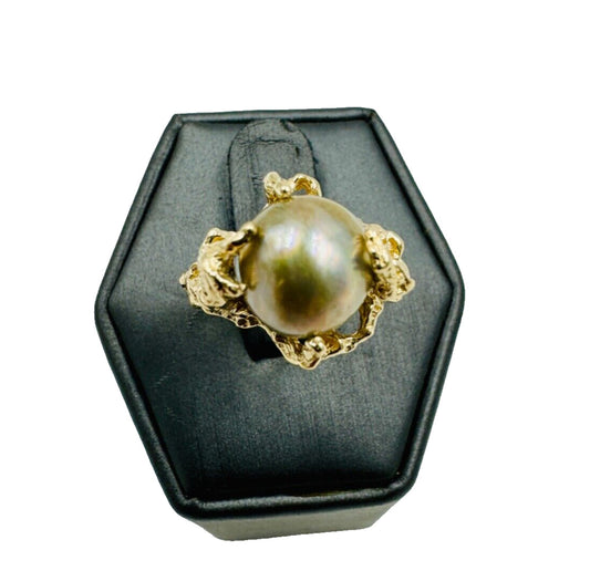 Vintage Kimberly 14k gold Brutalist Tahitian Pearl ring KGC