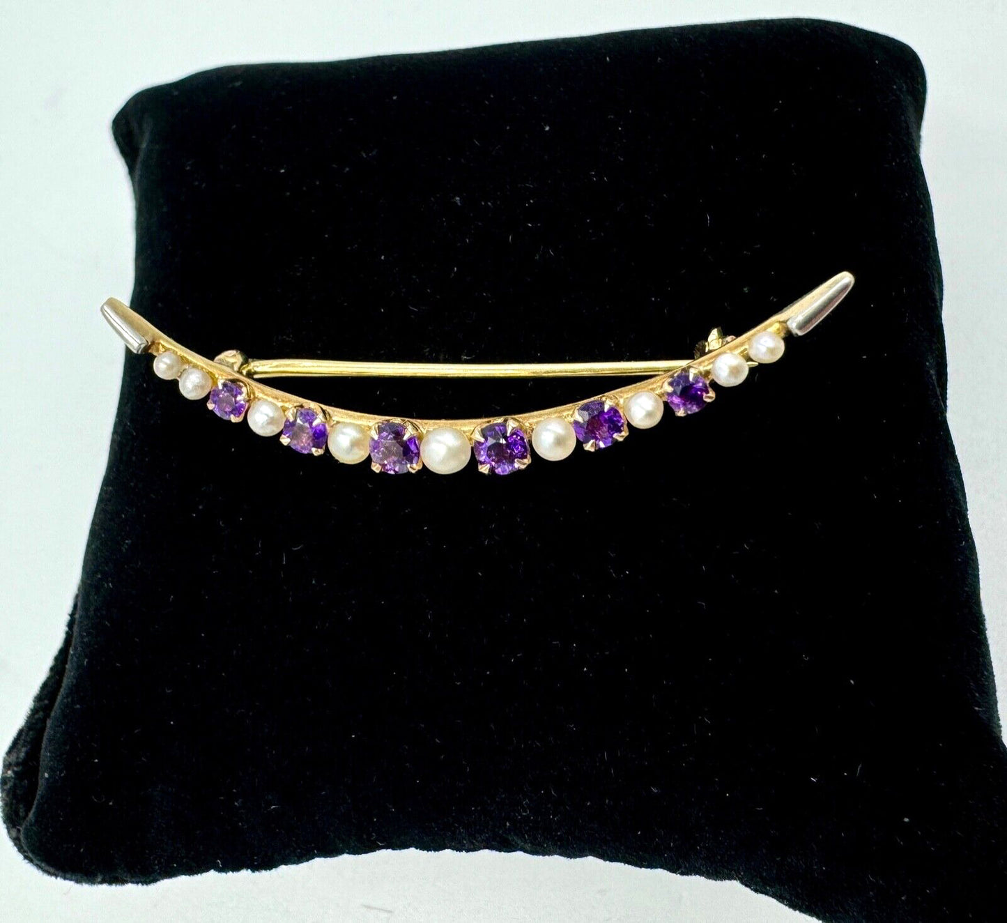 Antique 14K Yellow Gold Amethyst Pearl Pin Brooch by Bippart