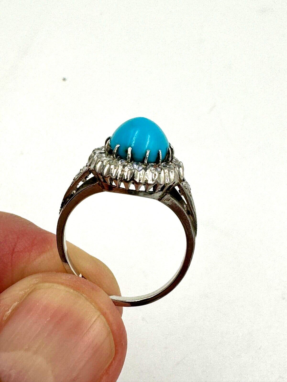 Mid Century Platinum Turquoise and Rose Cut Diamond Halo Ring