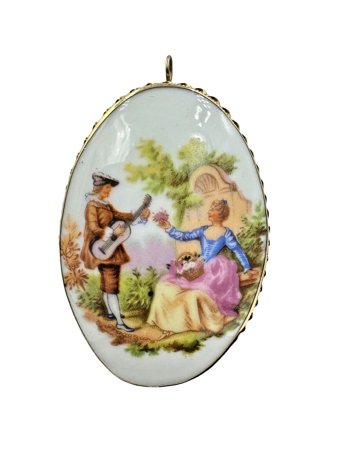 14K Limoges Fragonard large Porcelain Hand Painted Pendant