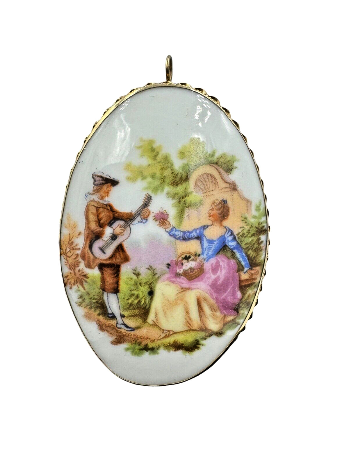 14K Limoges Fragonard large Porcelain Hand Painted Pendant