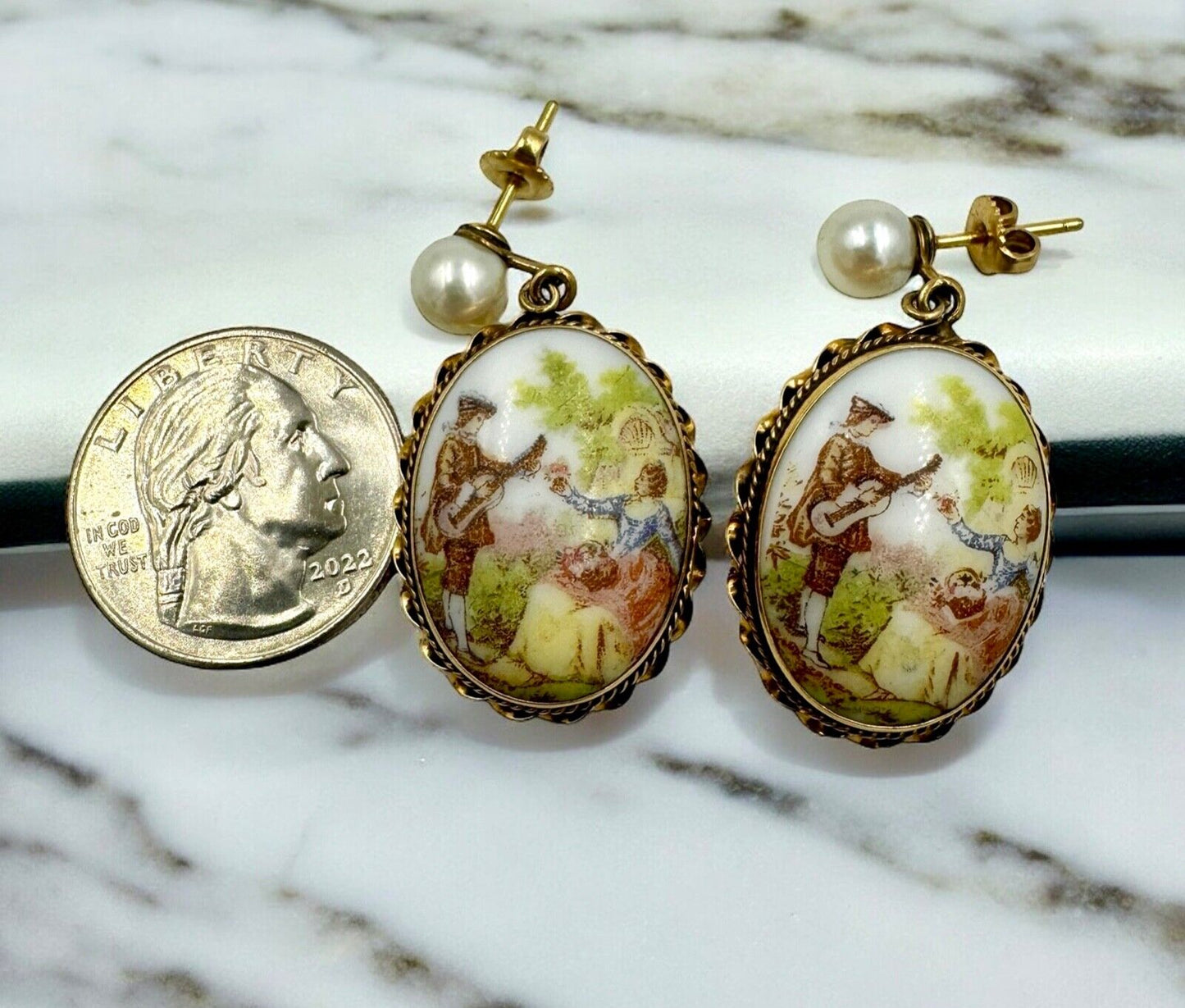 14K Limoges Fragonard large Porcelain Hand Painted Pearl Dangle Earrings