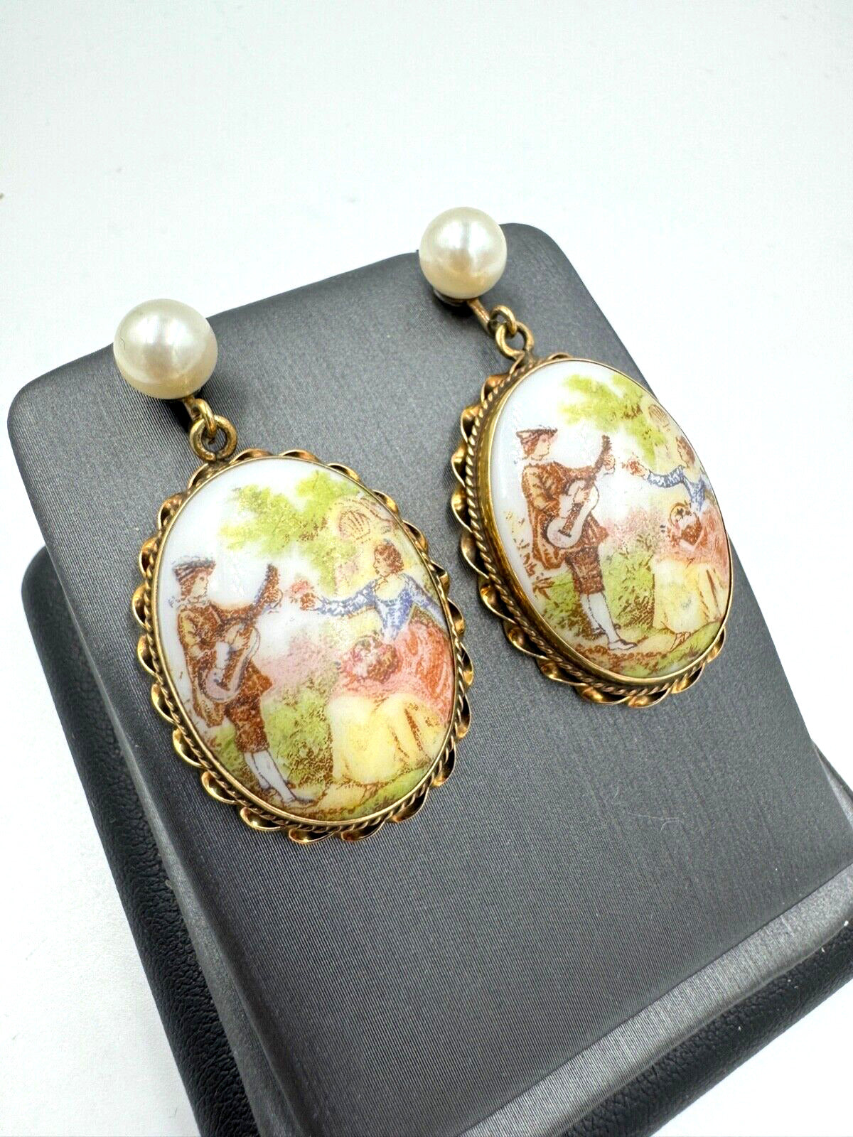 14K Limoges Fragonard large Porcelain Hand Painted Pearl Dangle Earrings