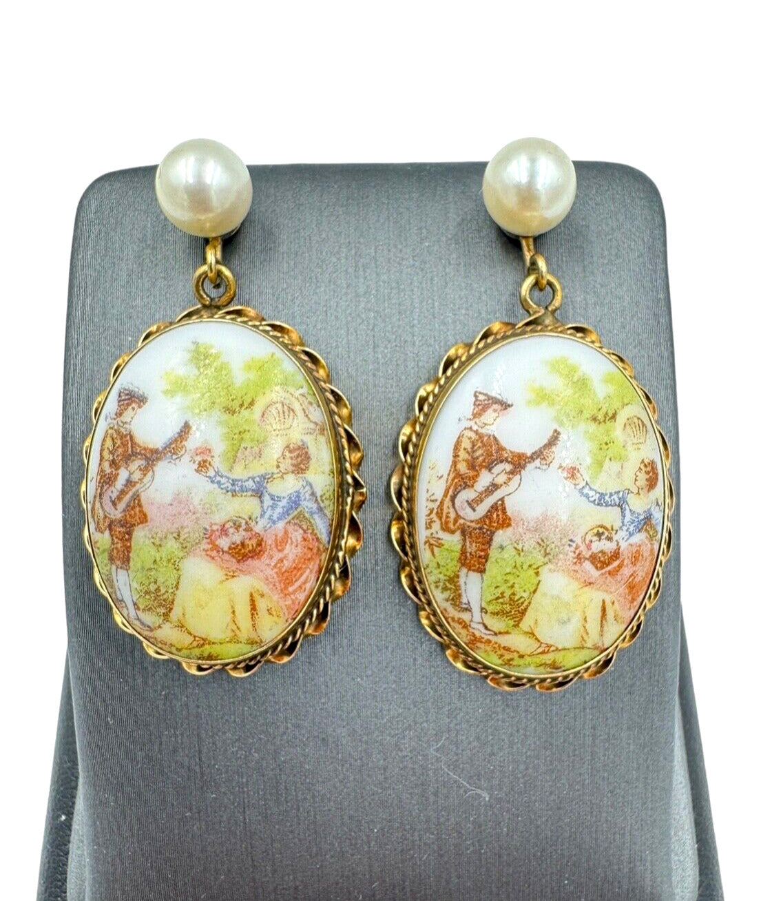 14K Limoges Fragonard large Porcelain Hand Painted Pearl Dangle Earrings