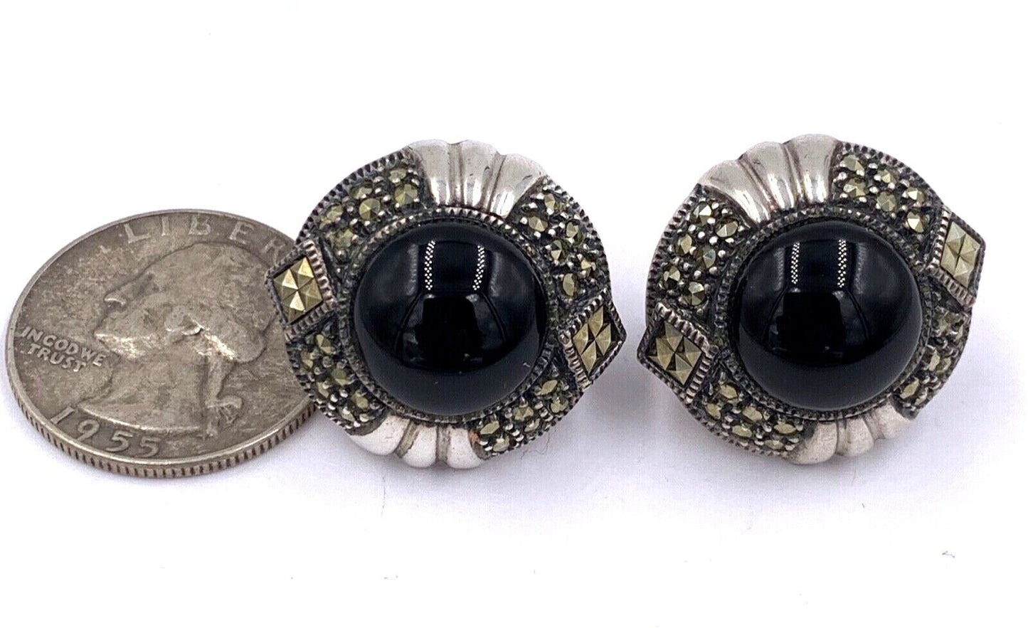 Vintage Rare Judith Jack .925 Sterling Silver Onyx & Marcasite Earrings pierced