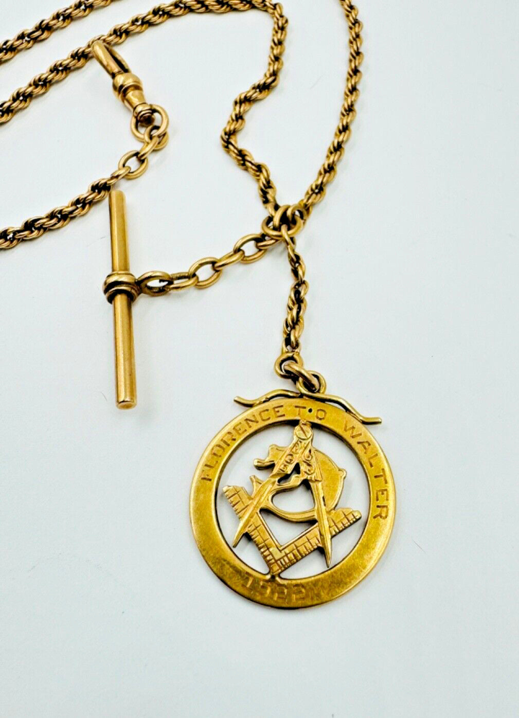 Antique Pocket Watch Chain Necklace 10K Yellow Gold  Masonic Fob