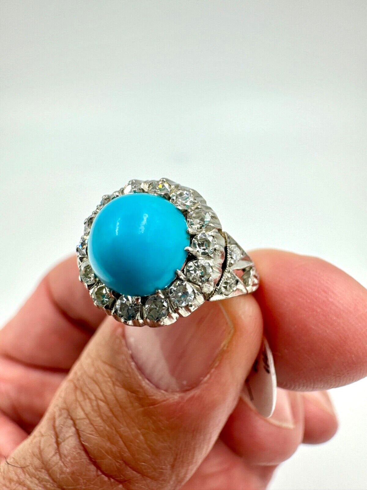 Mid Century Platinum Turquoise and Rose Cut Diamond Halo Ring