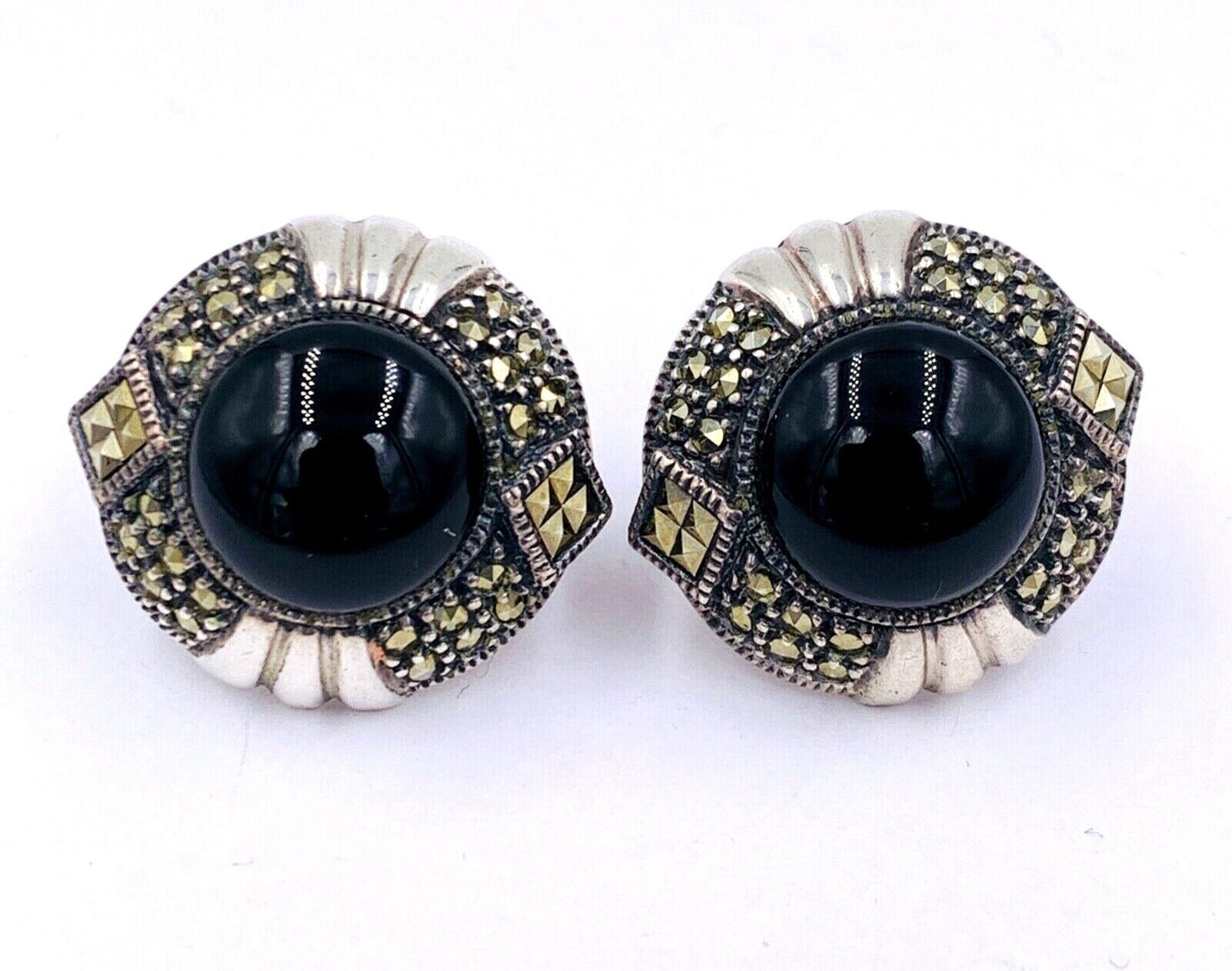 Vintage Rare Judith Jack .925 Sterling Silver Onyx & Marcasite Earrings pierced
