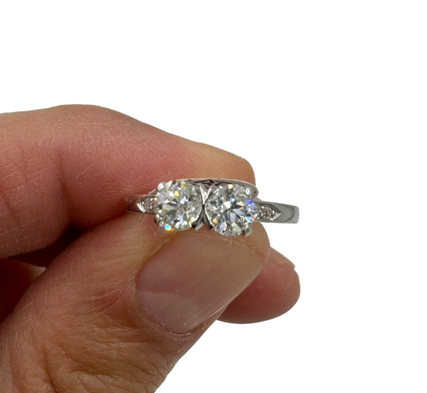 Art Deco Toi et Moi Platinum Old European Diamond Ring wedding engagement