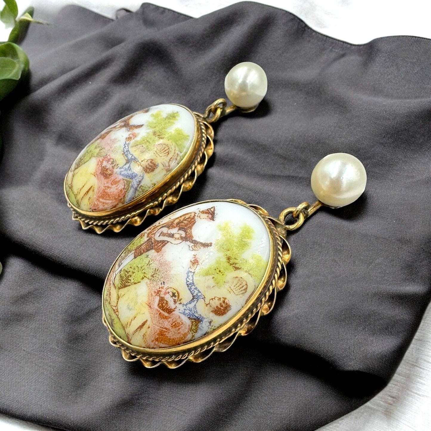 14K Limoges Fragonard large Porcelain Hand Painted Pearl Dangle Earrings