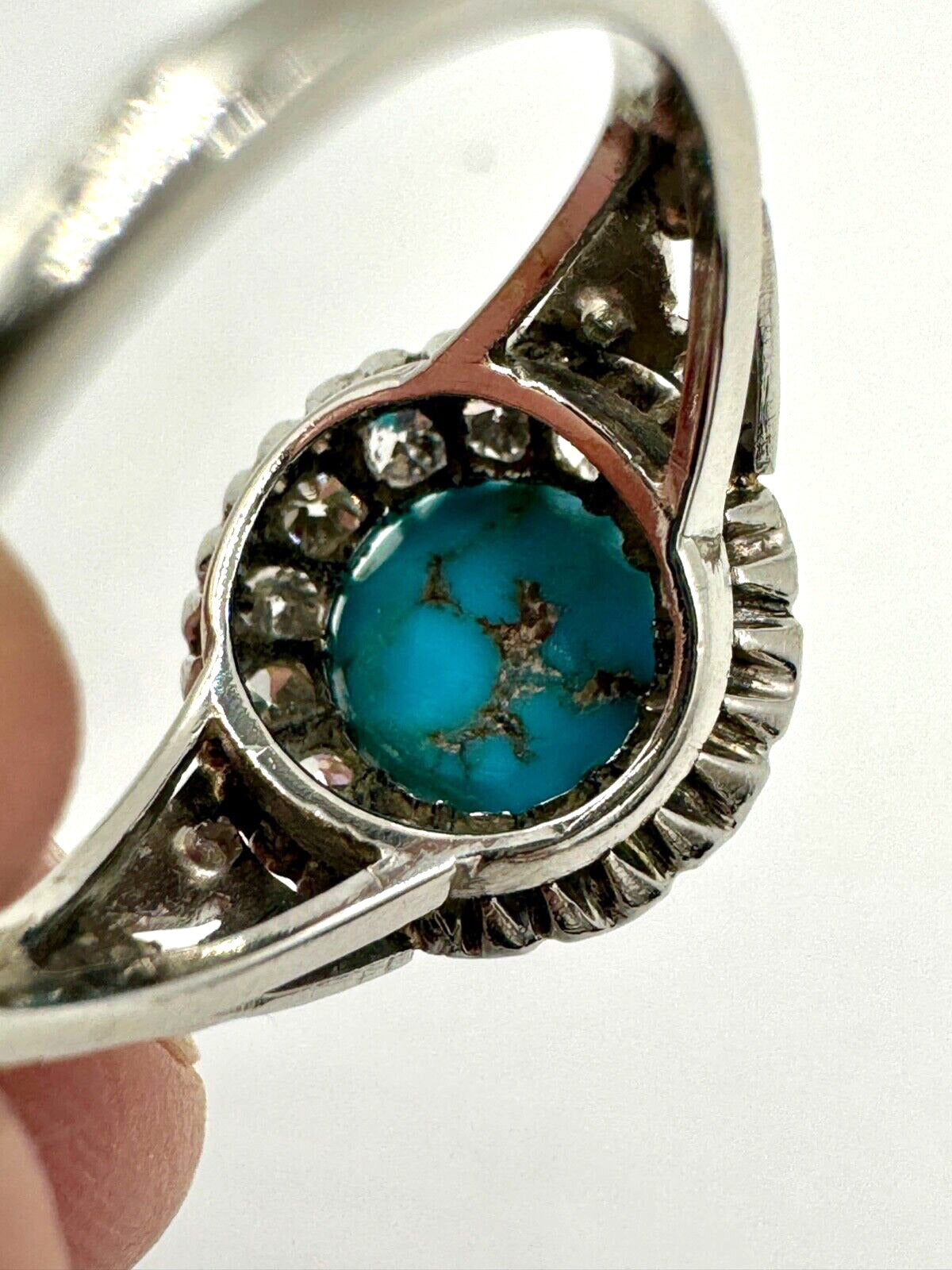 Mid Century Platinum Turquoise and Rose Cut Diamond Halo Ring