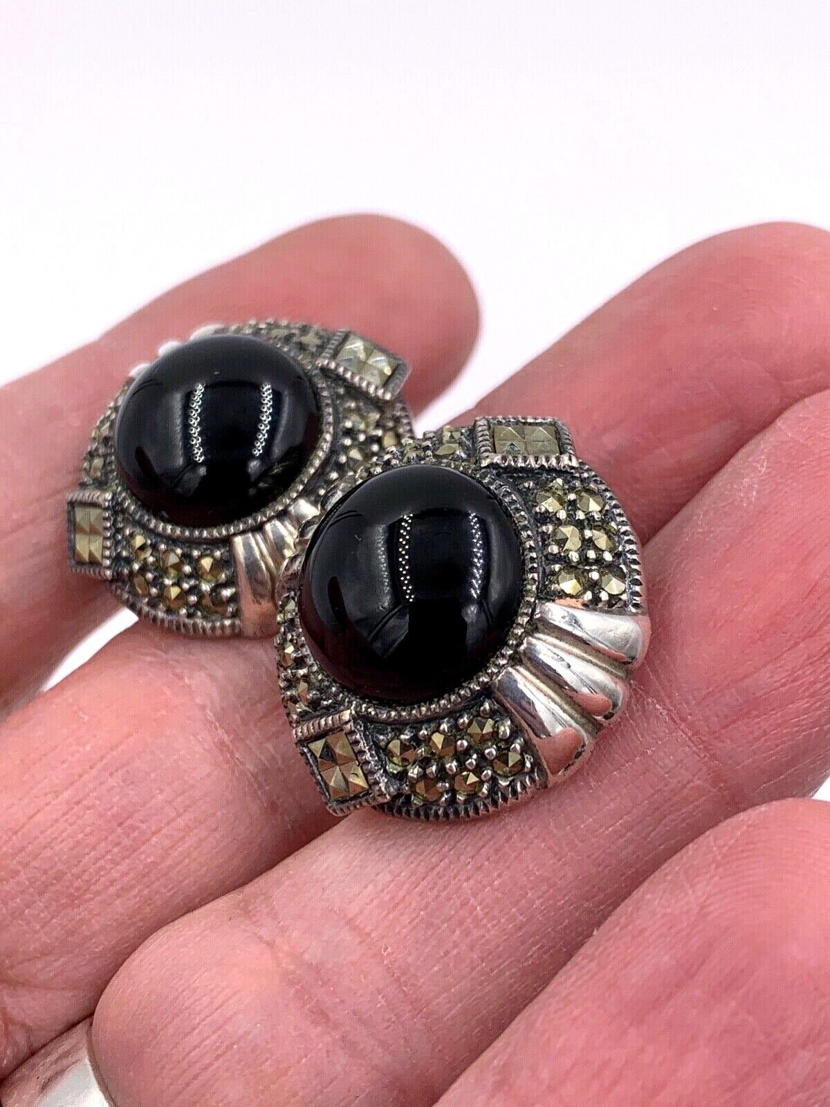 Vintage Rare Judith Jack .925 Sterling Silver Onyx & Marcasite Earrings pierced