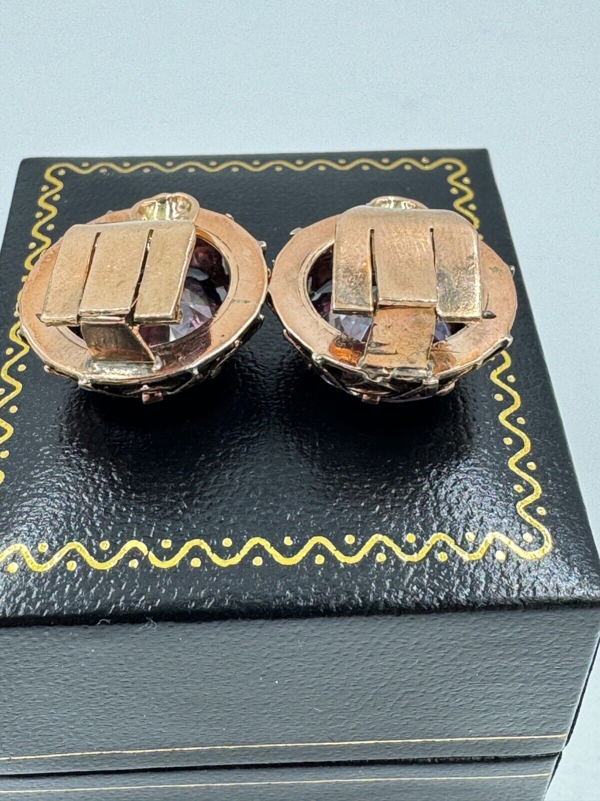 Vintage 9k ct Gold Synthetic Change Sapphire Clip on Earrings Rose Gold